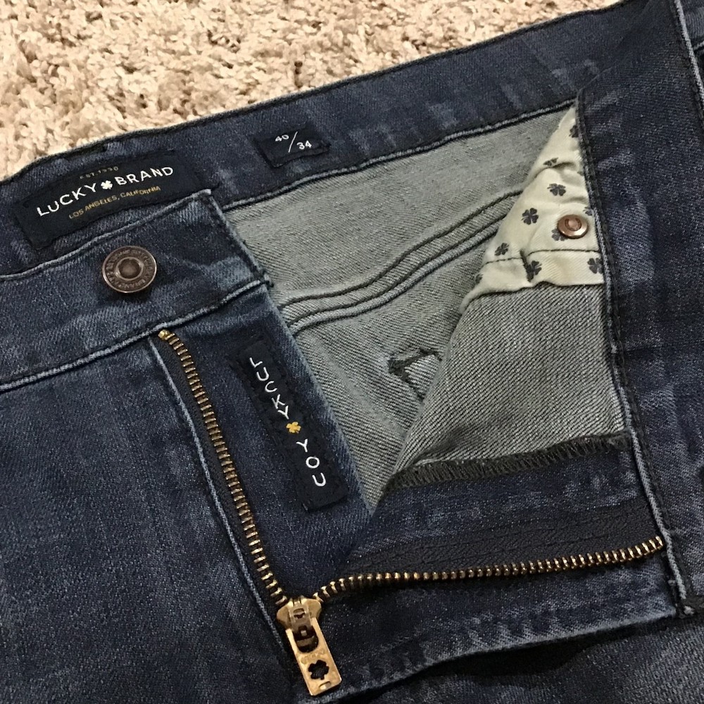 Lucky Brand Men's Jeans 40x34 121 Slim Dark Wash Loose Back Patch Distressed
